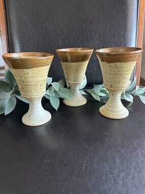 Studio Stoneware Pottery 3 Challis Stemmed Goblets Design Retro Preowned
